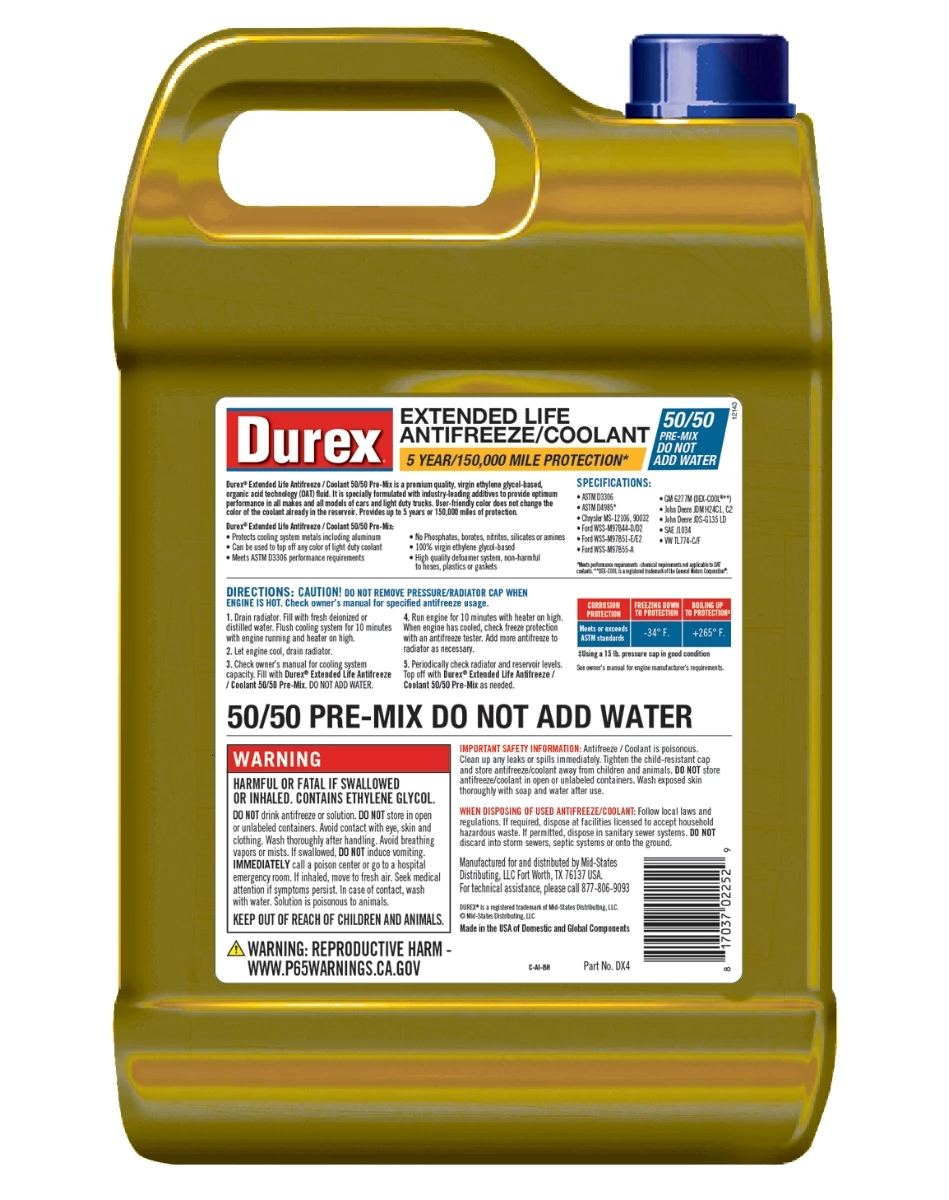 Durex DX4 Extended Life 50/50 Pre-Mix Antifreeze / Coolant – 1 Gallon 2 Durex DX4 Extended Life 50/50 Pre-Mix Antifreeze / Coolant – 1 Gallon - Image 2