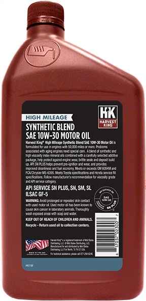 Harvest King High Mileage Synthetic Blend Motor Oil-10W-30-1 Quart 2 Harvest King High Mileage Synthetic Blend Motor Oil-10W-30-1 Quart - Image 2